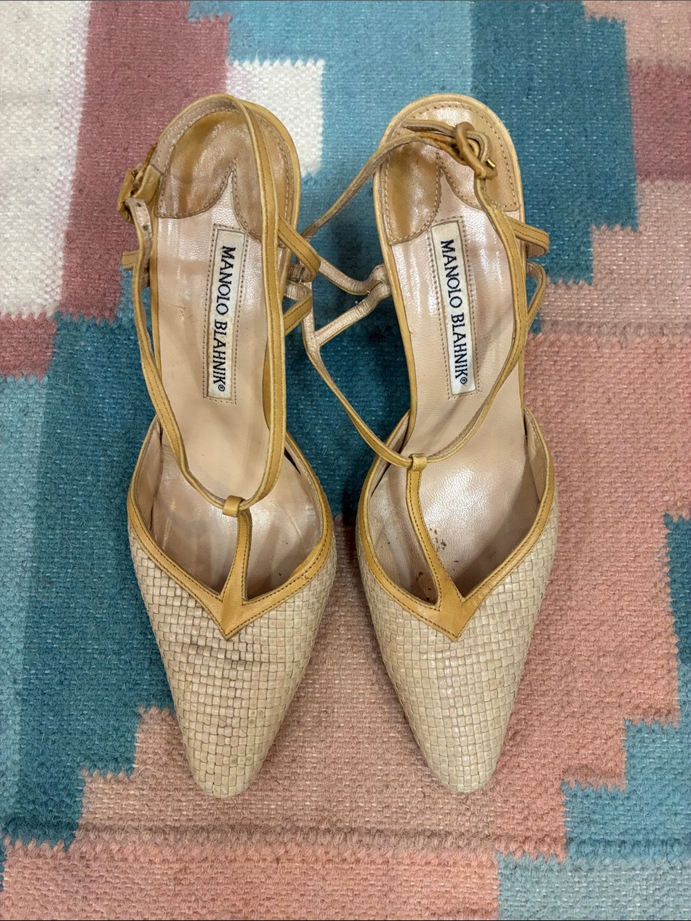 Manolo Blahnik Woven Beige Tan Pointed Slingback Heels Shoes 36.5